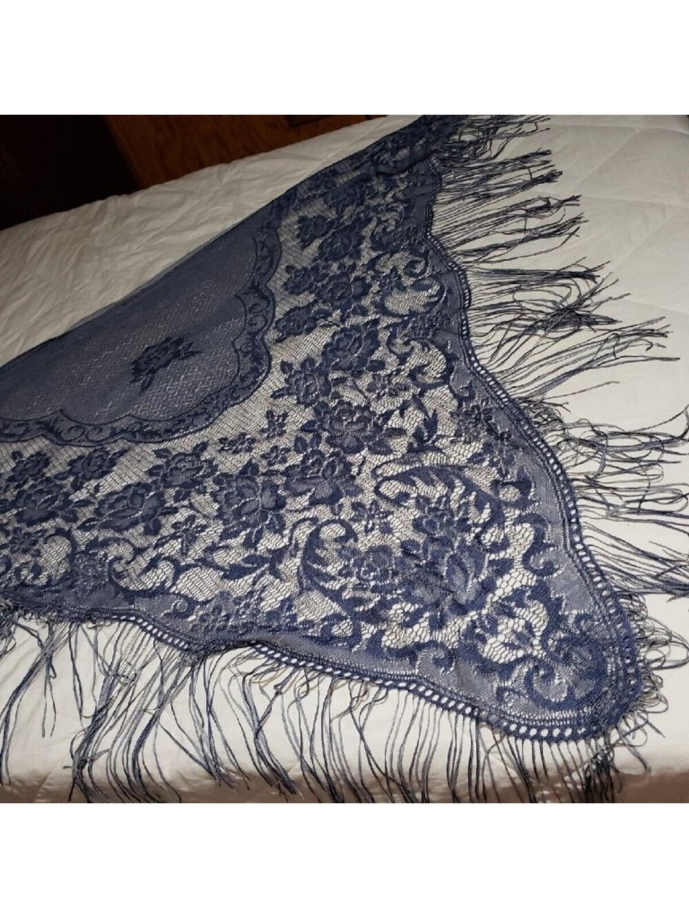 Vtg Blue White Floral Boho Shawl Fringed Dressy Wrap Scarf Made In Japan